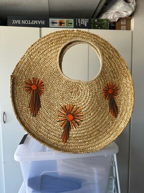 Brixton Round Straw Tote with Orange Tassel Flowers